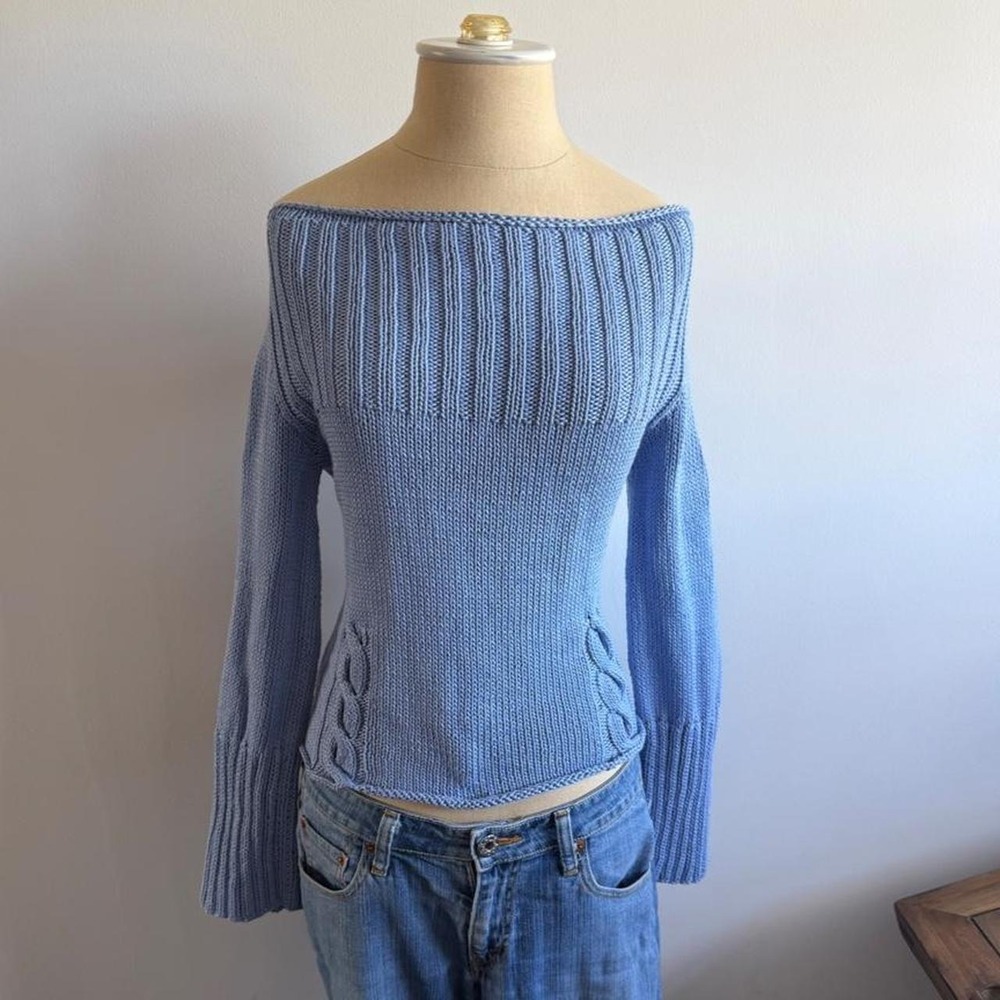 Powder blue off the shoulder fitted long sleeve sweater